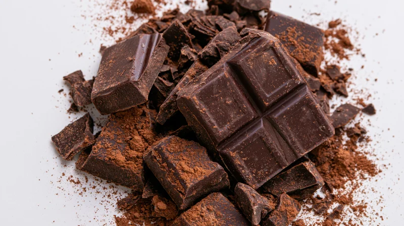 Broken dark chocolate chunks and shards scattered on white background with cocoa powder