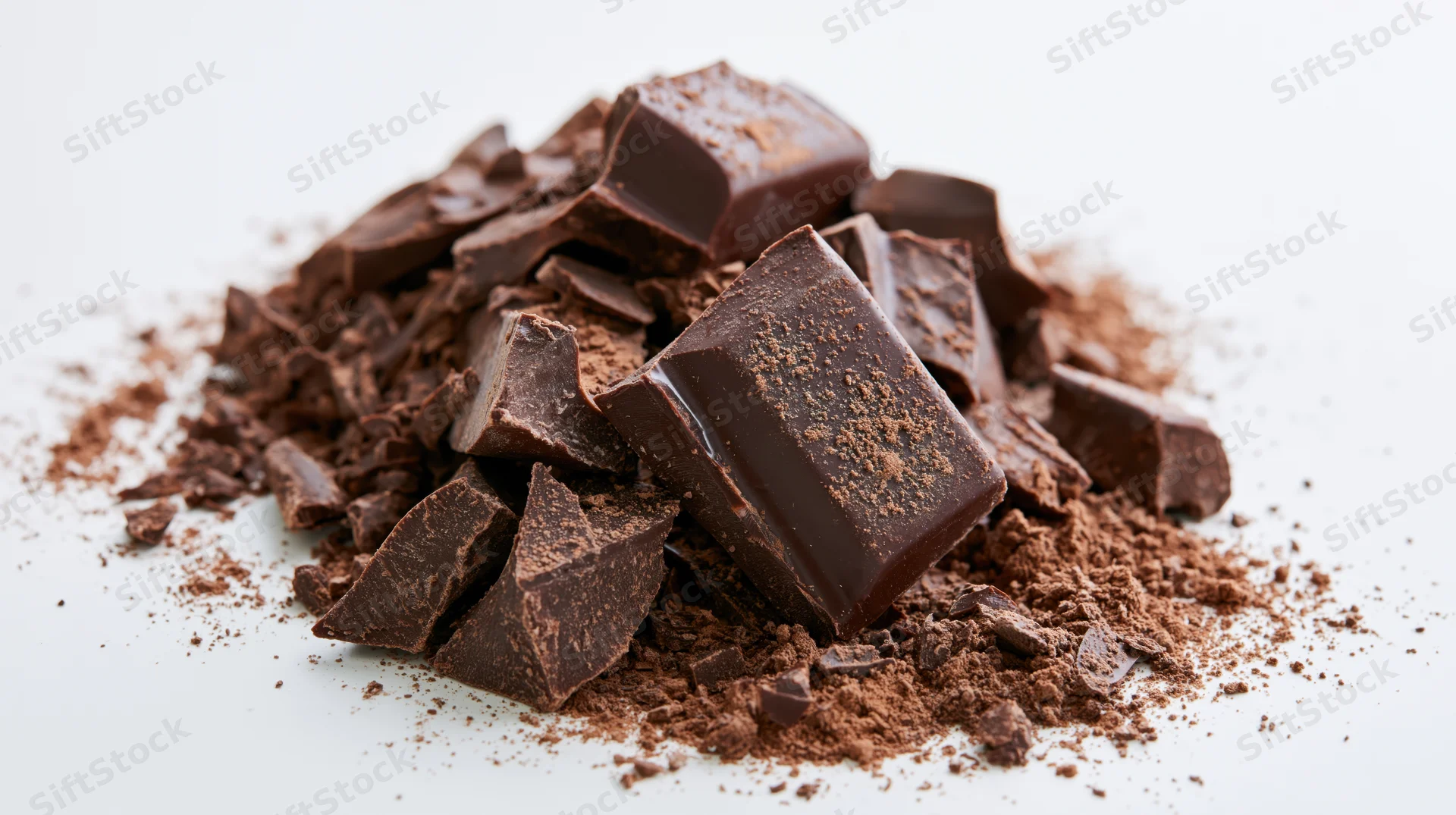 Broken dark chocolate chunks and shards piled on white background with cocoa powder scattered around