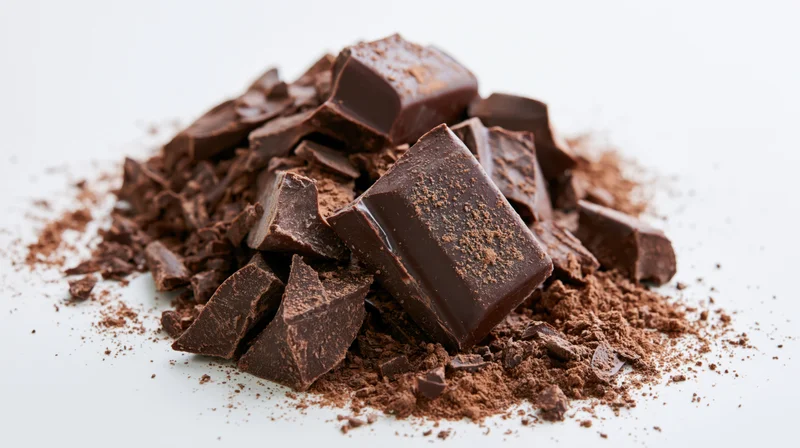 Broken dark chocolate chunks and shards piled on white background with cocoa powder scattered around
