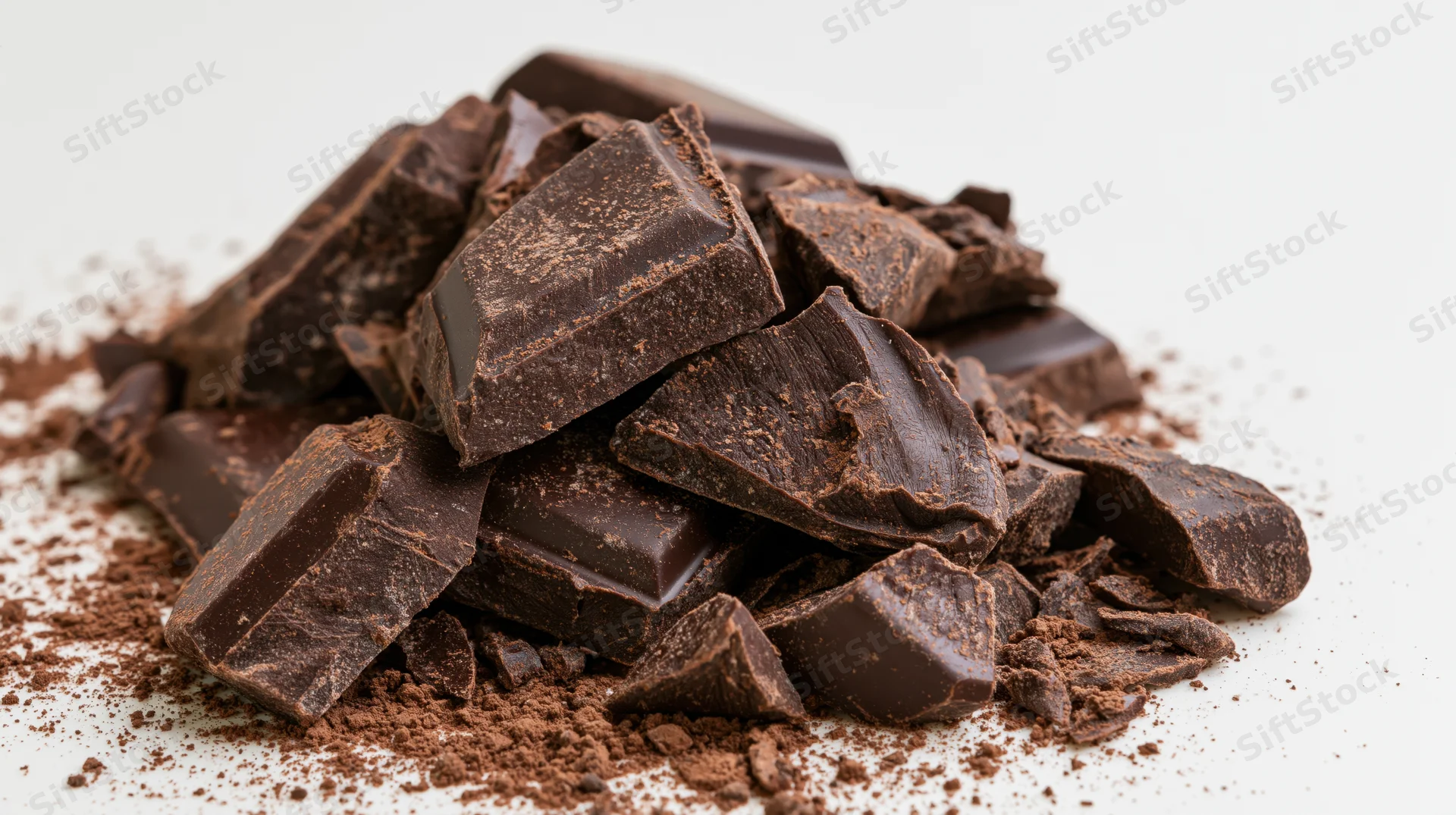 Broken dark chocolate chunks piled on white surface with cocoa powder scattered around