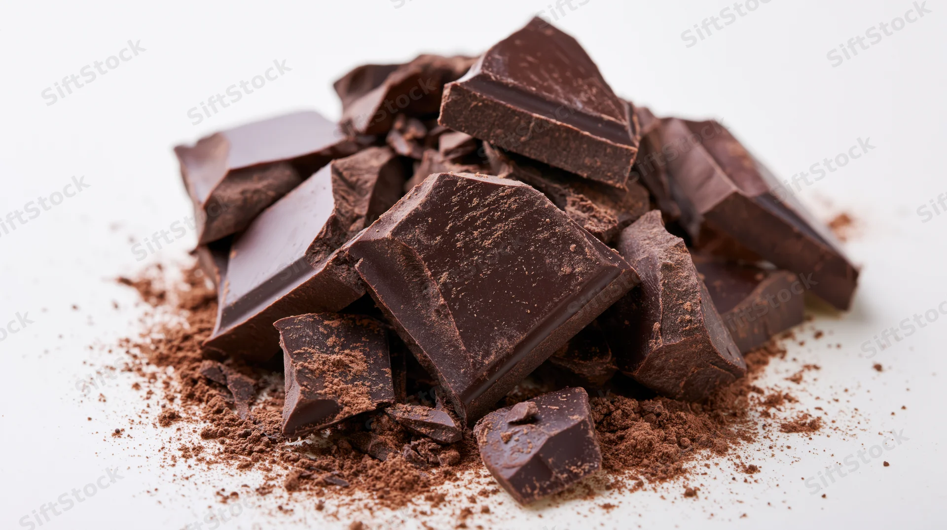 Broken dark chocolate chunks piled on white surface with cocoa powder scattered around