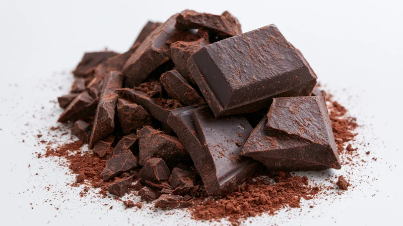 Broken dark chocolate chunks and shards piled on white background with cocoa powder scattered around