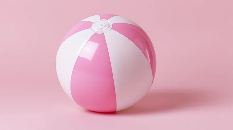 Pink and white inflatable beach ball resting on a flat pink surface