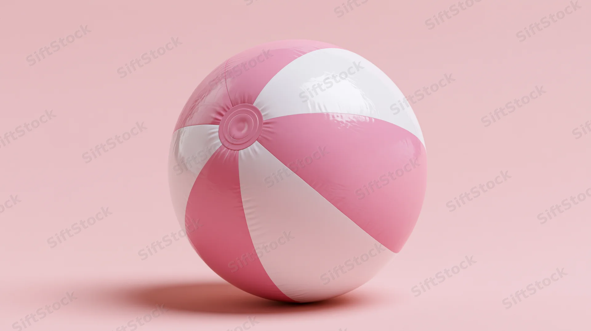 Pink and white inflatable beach ball resting on a flat pink surface