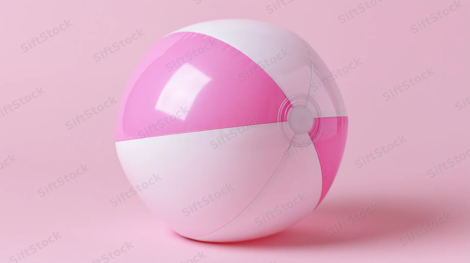 Pink and white inflatable beach ball resting on a flat pink surface