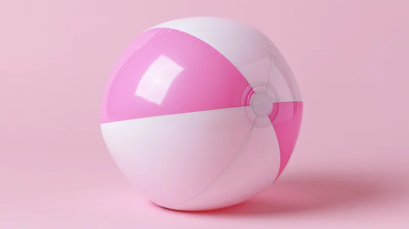 Pink and white inflatable beach ball resting on a flat pink surface