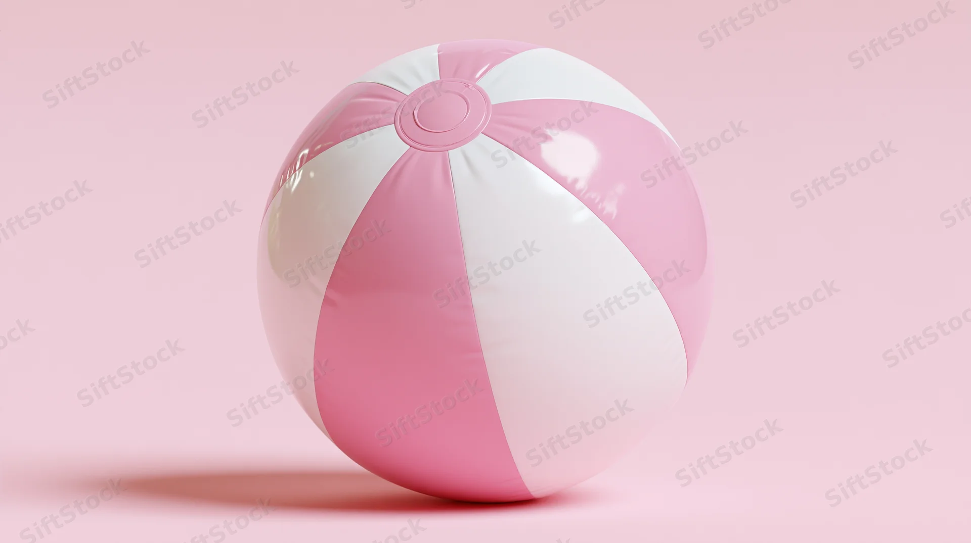 Pink and white inflatable beach ball resting on a flat pink surface