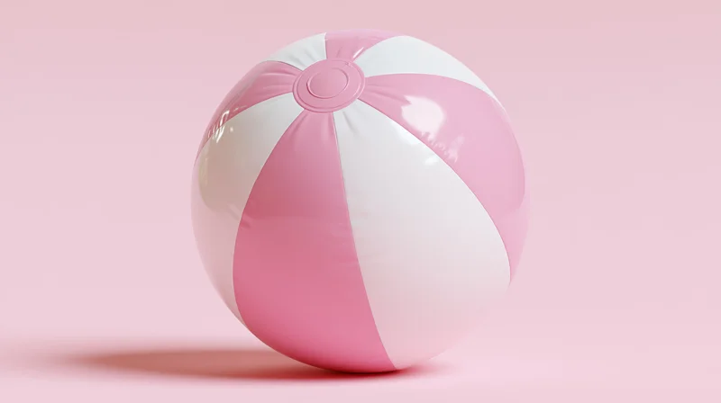 Pink and white inflatable beach ball resting on a flat pink surface
