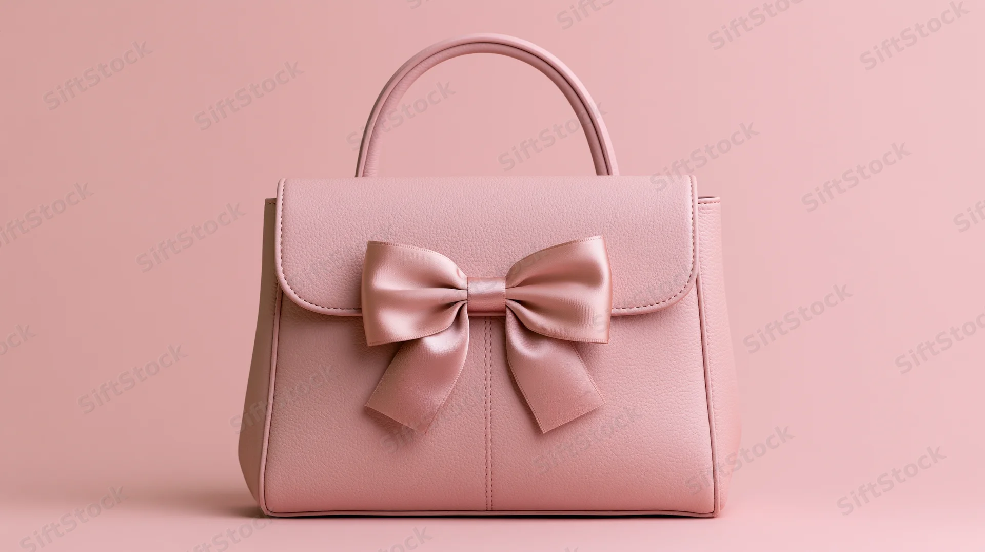 Pink leather tote handbag with satin bow detail on matching background