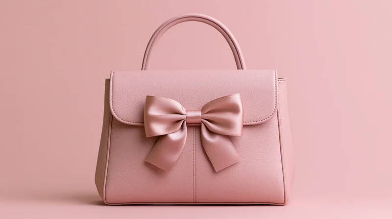 Pink leather tote handbag with satin bow detail on matching background