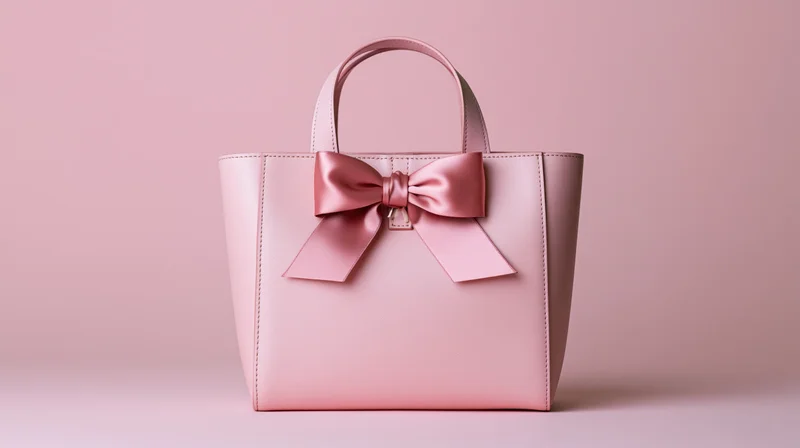 Pink leather tote handbag with satin bow detail on a soft pink background