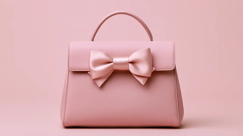 Pink leather tote handbag with satin bow detail on plain background