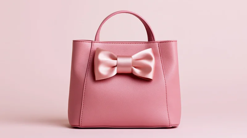 Pink leather tote handbag with satin bow detail on plain background