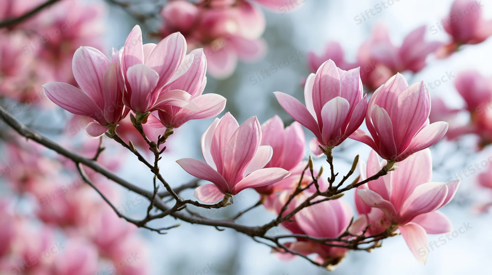 Pink magnolia blossoms blooming on dark branches against a soft sky background