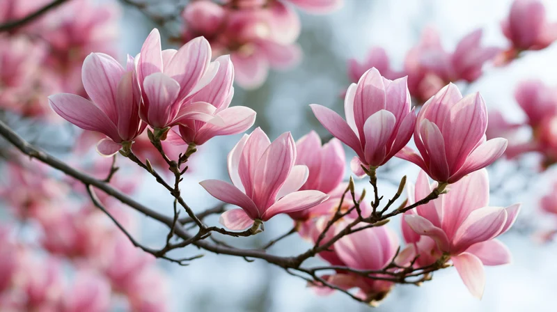 Pink magnolia blossoms blooming on dark branches against a soft sky background