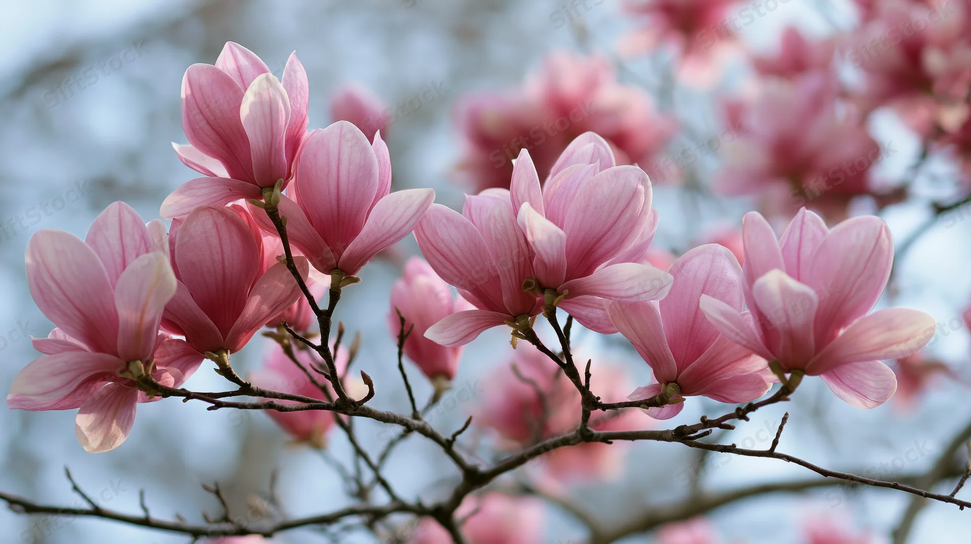 Pink magnolia blossoms clustered on bare branches in spring garden