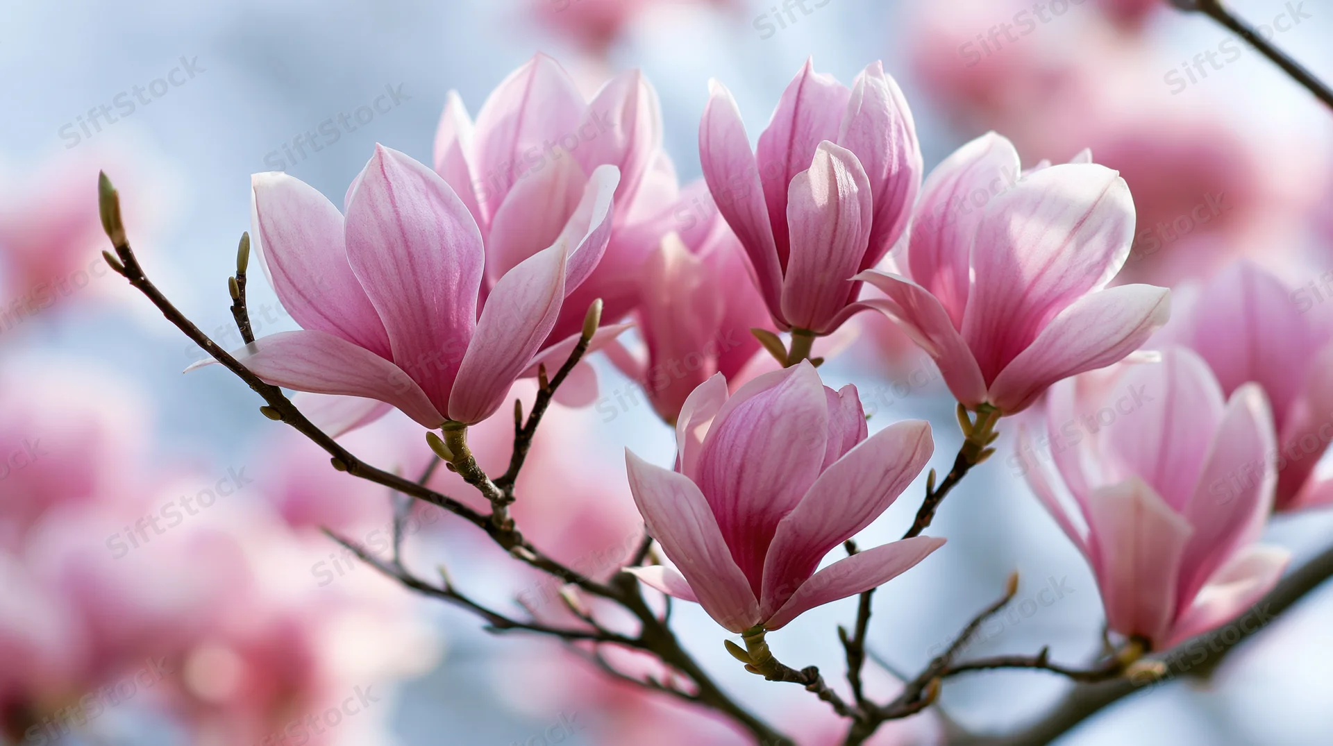 Pink magnolia blossoms clustered on bare dark branches in full bloom against a soft blue sky
