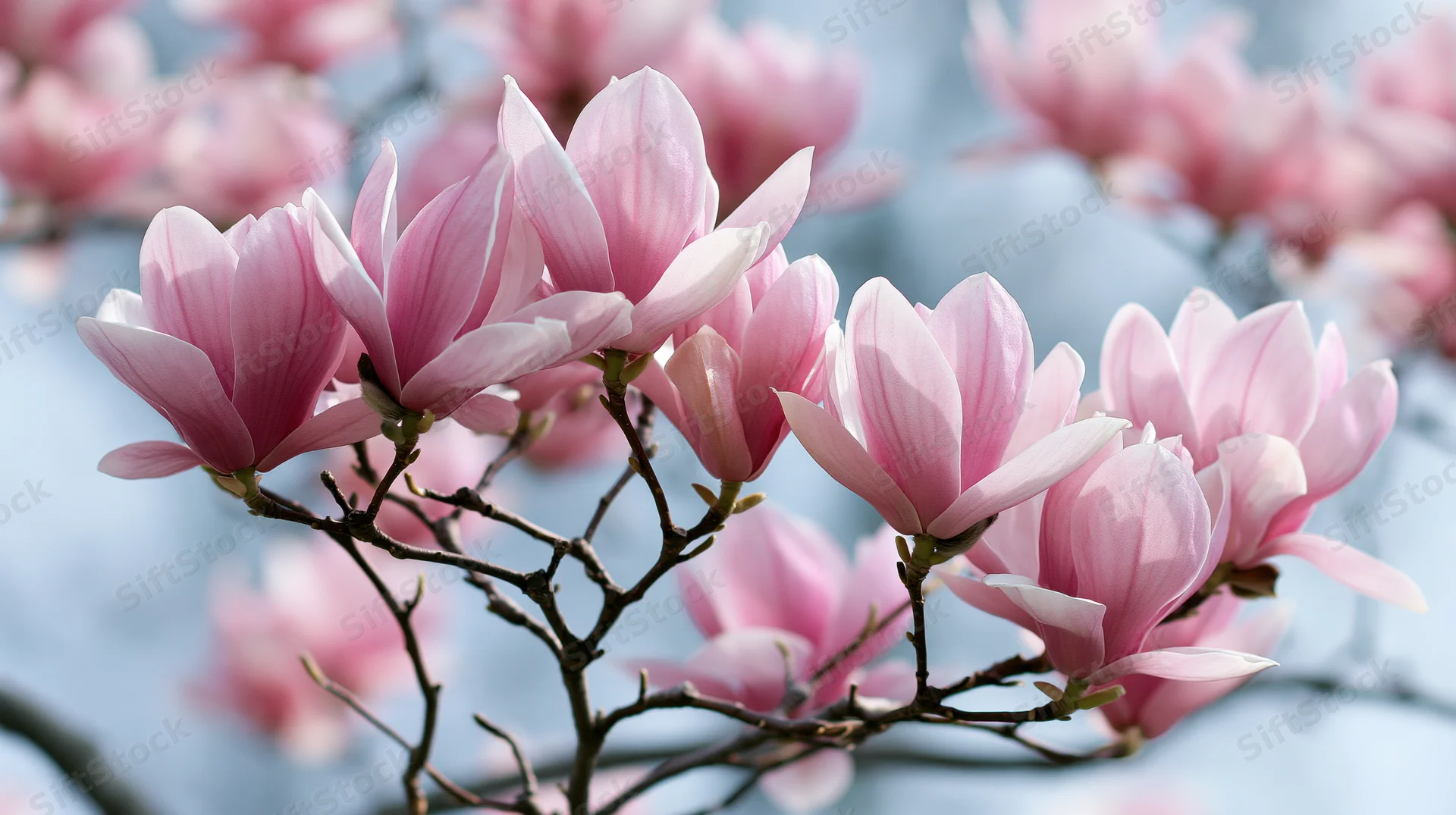 Pink magnolia blossoms blooming on bare branches against a soft blue sky