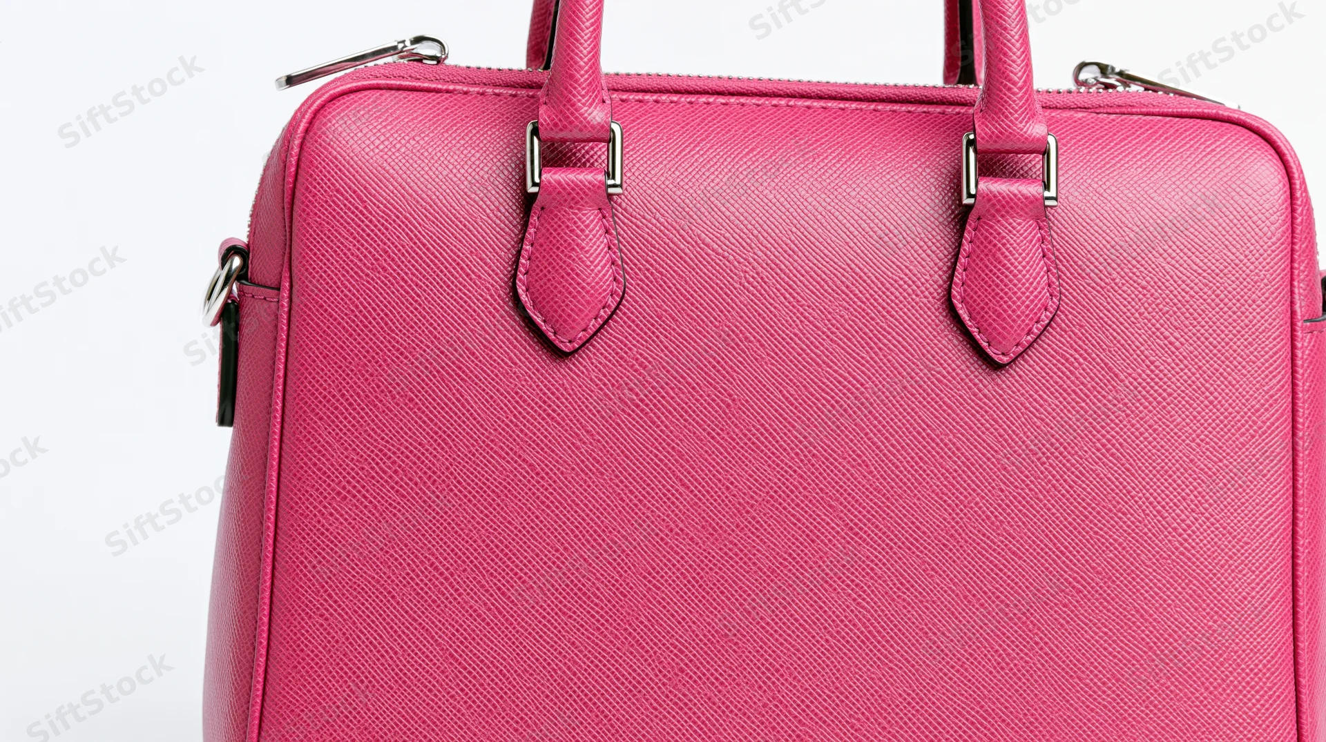 Closeup of a pink saffiano leather structured handbag with dual top handles isolated on white