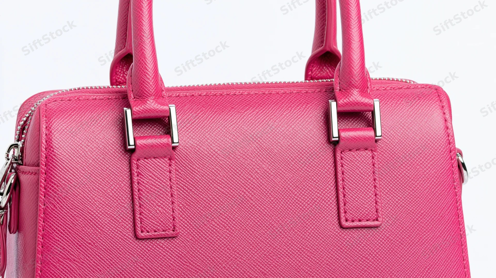 Closeup of a pink saffiano leather structured handbag with dual top handles and silver hardware
