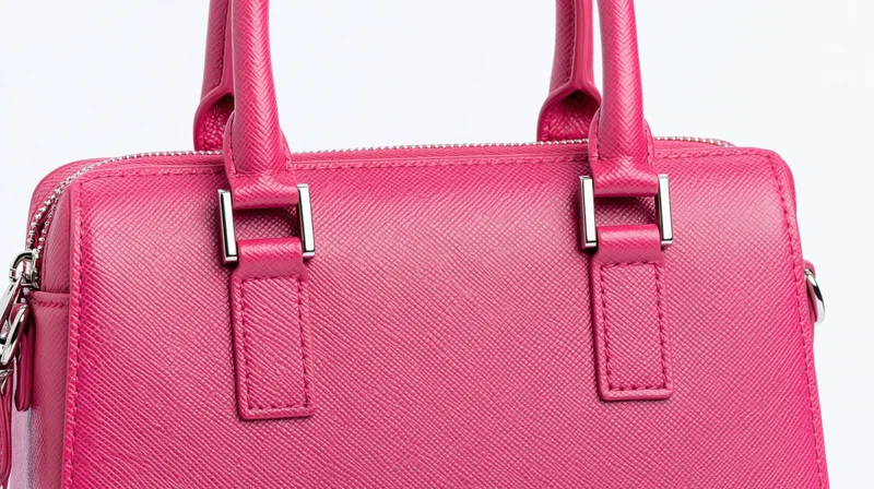 Closeup of a pink saffiano leather structured handbag with dual top handles and silver hardware