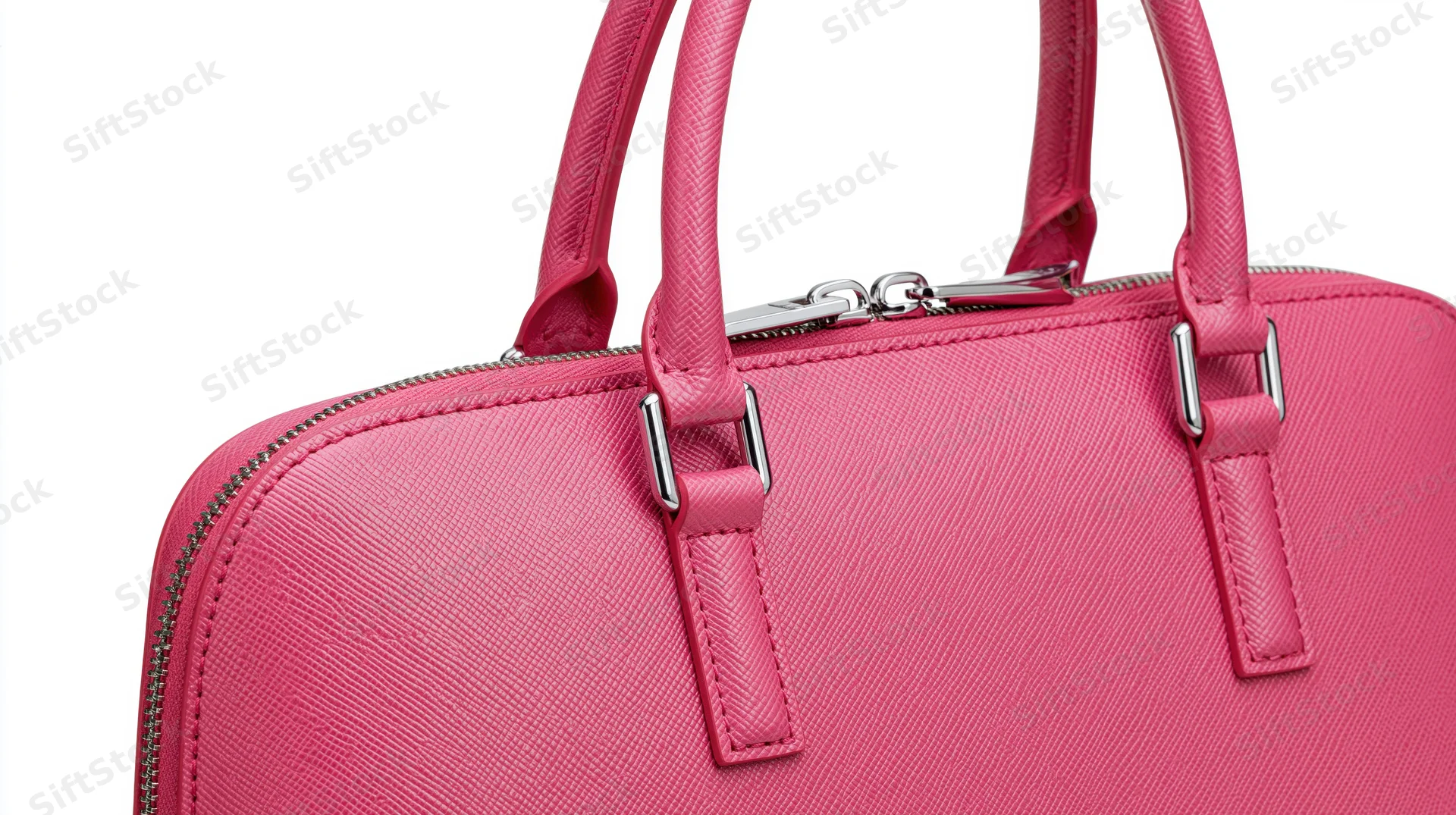 Closeup of a pink saffiano leather structured handbag with dual top handles and silver zipper hardware