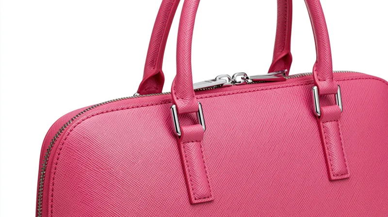 Closeup of a pink saffiano leather structured handbag with dual top handles and silver zipper hardware