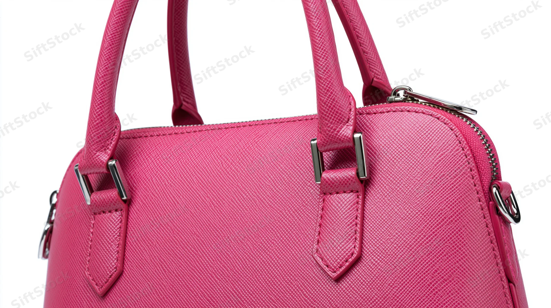 Closeup of a pink saffiano leather structured handbag with dual top handles and metal hardware