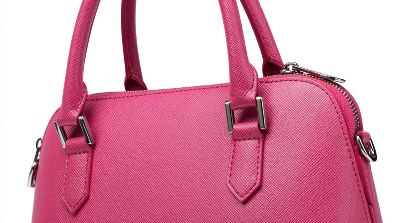Closeup of a pink saffiano leather structured handbag with dual top handles and metal hardware