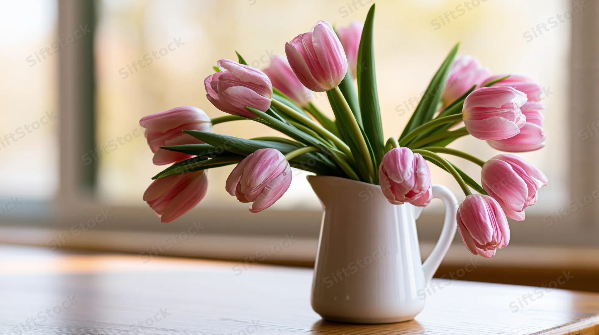 Pink tulips arranged loosely in a white ceramic pitcher on a wooden table by a window