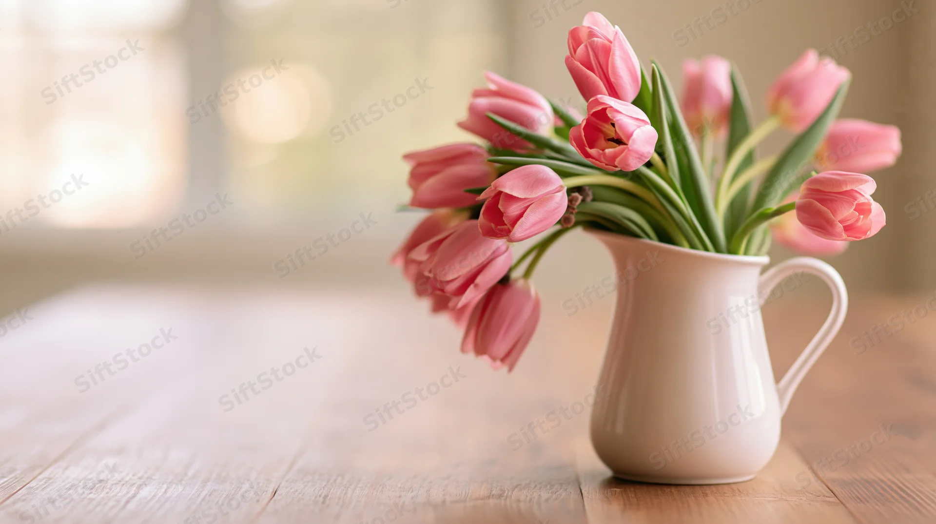 Pink tulips arranged loosely in a white ceramic pitcher on a wooden table