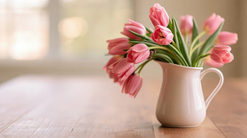 Pink tulips arranged loosely in a white ceramic pitcher on a wooden table
