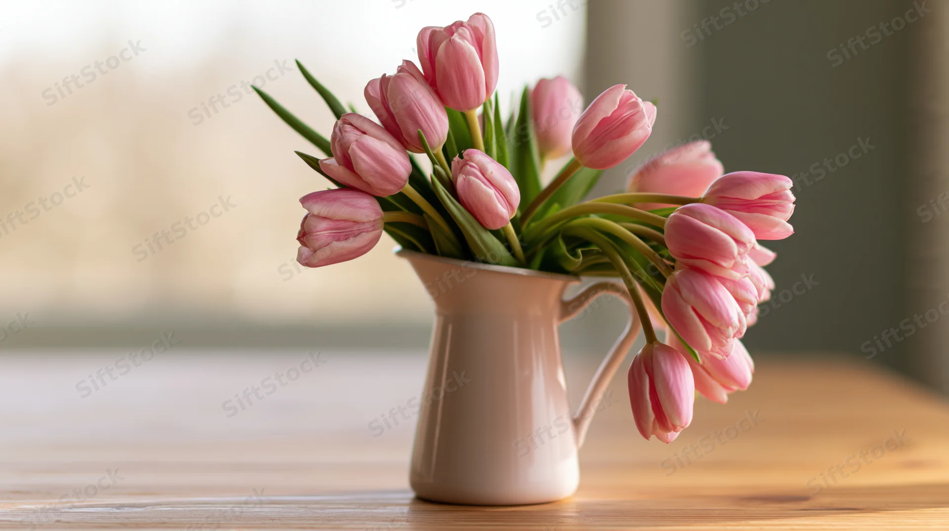 Pink tulips arranged loosely in a white ceramic pitcher on a wooden table near a window