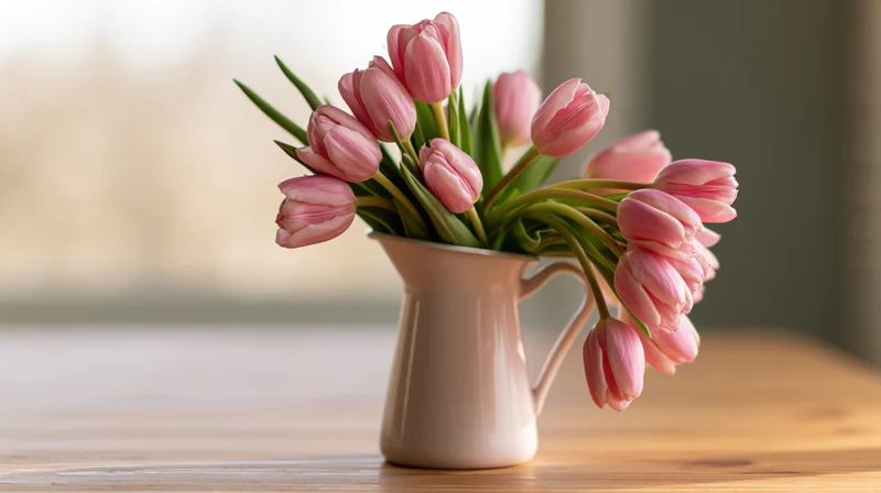 Pink tulips arranged loosely in a white ceramic pitcher on a wooden table near a window