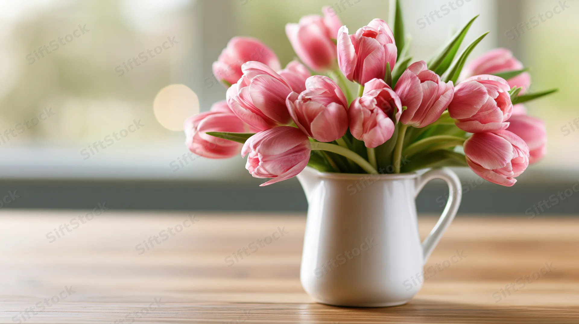Pink tulips arranged in a white ceramic pitcher on a wooden table near a window