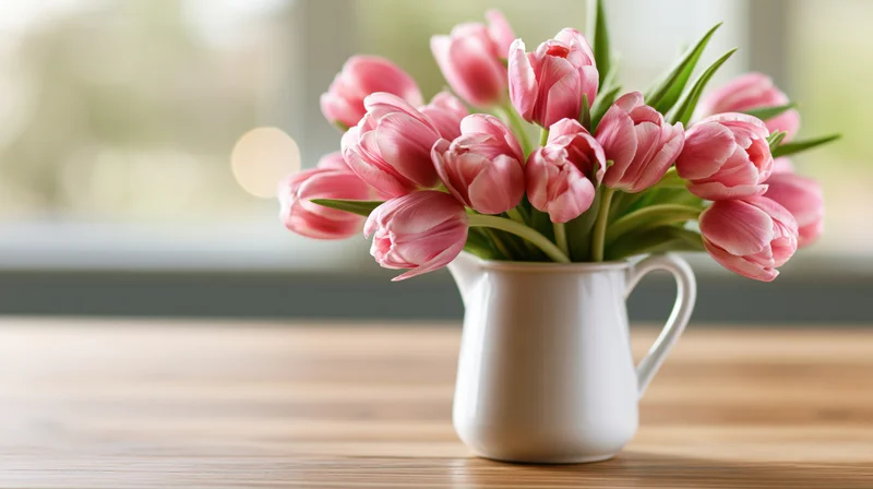 Pink tulips arranged in a white ceramic pitcher on a wooden table near a window