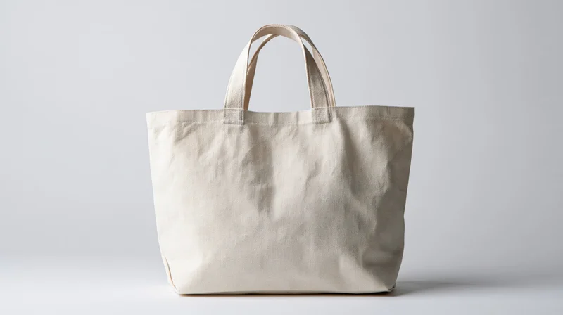 Plain canvas tote bag standing upright on white background