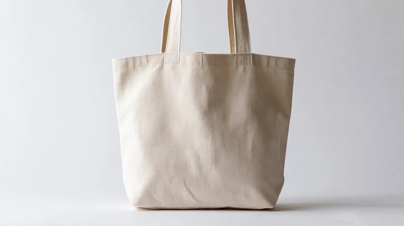Plain canvas tote bag standing upright on white background