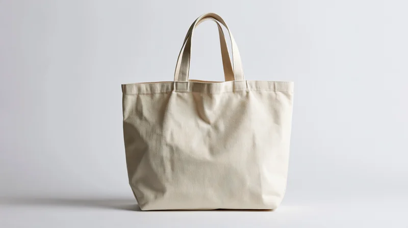 Plain canvas tote bag standing upright on white background