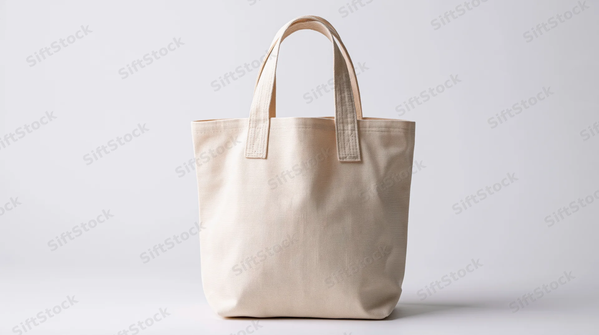 Cream canvas tote bag standing upright against white background