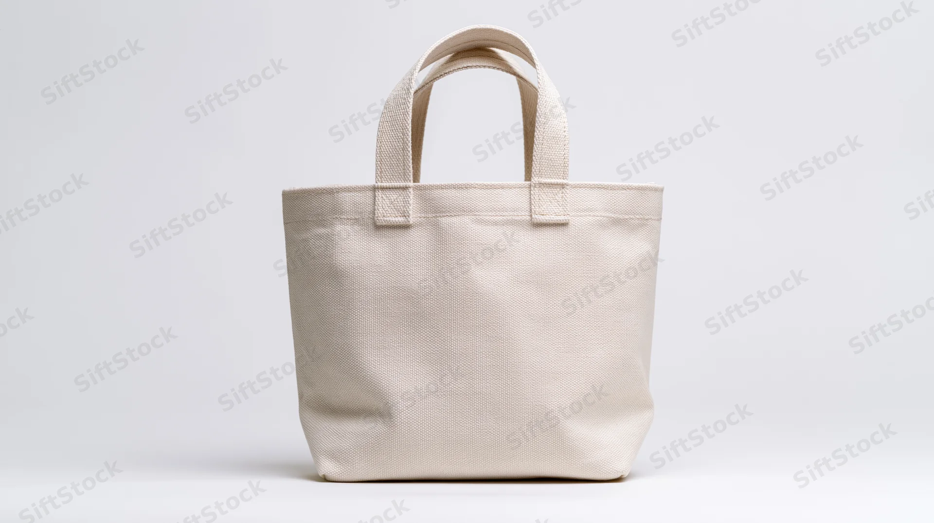 Cream canvas tote bag standing upright on white background
