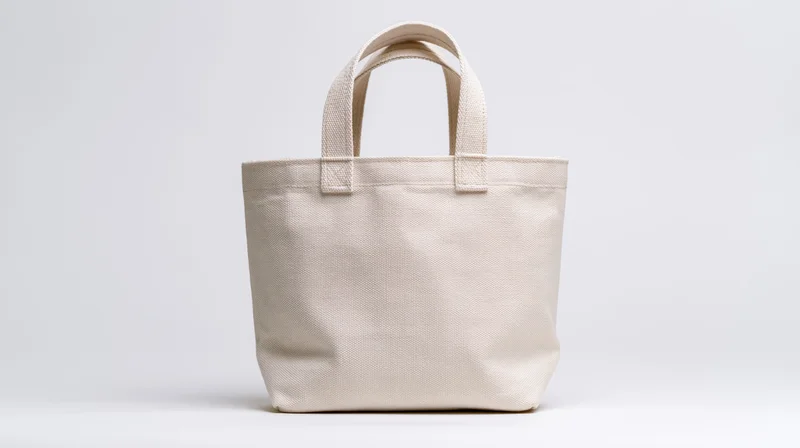Cream canvas tote bag standing upright on white background