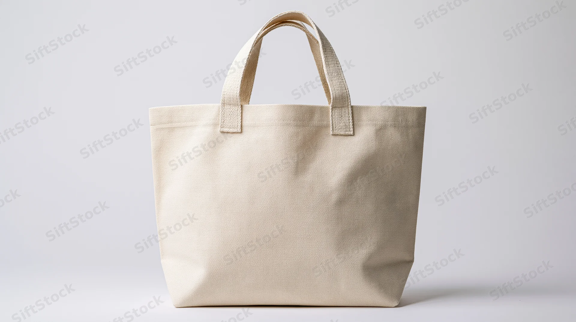 Cream canvas tote bag standing upright against white background