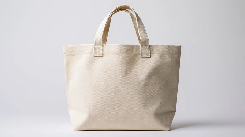 Cream canvas tote bag standing upright against white background