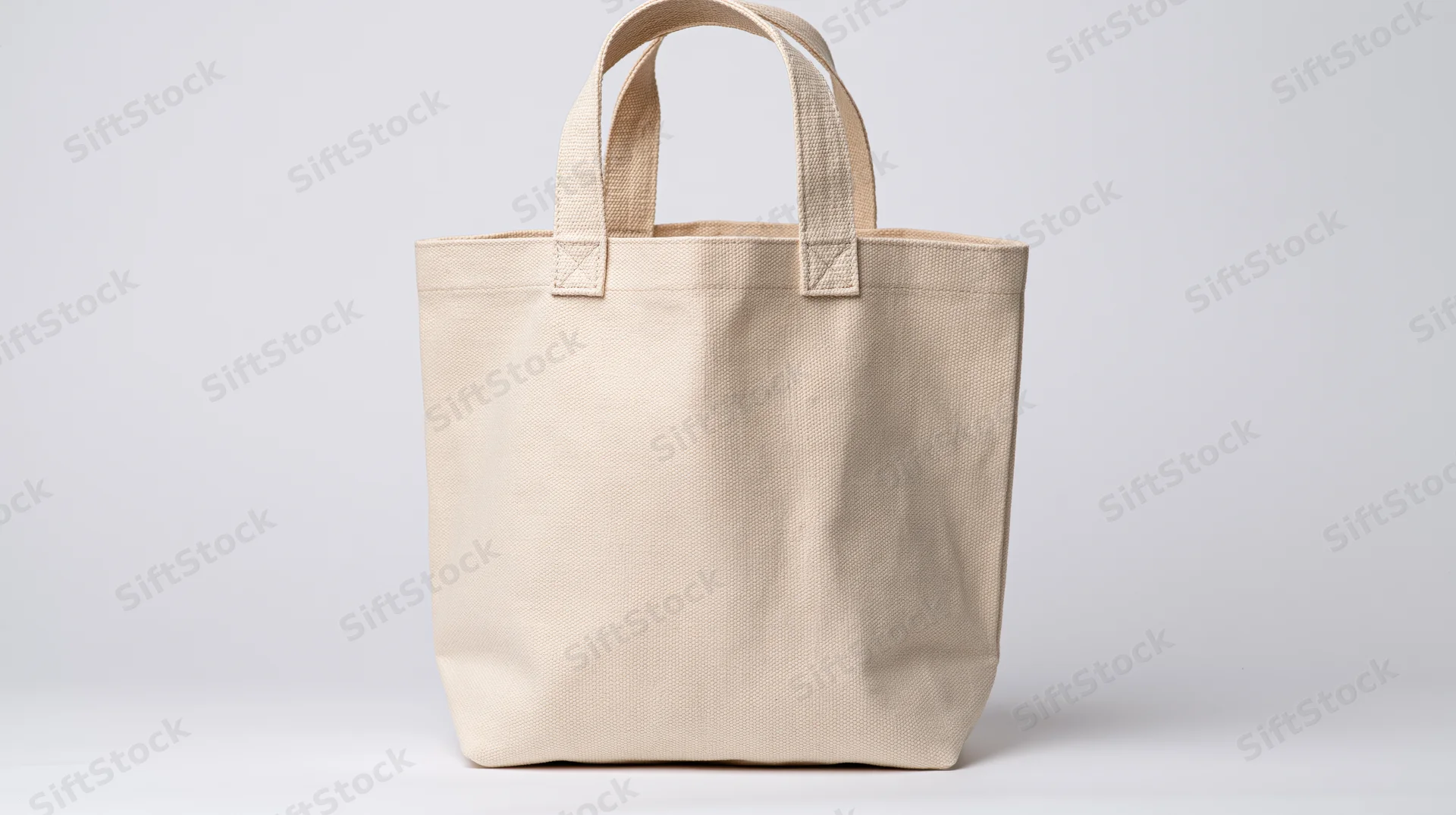 Cream canvas tote bag standing upright against white background