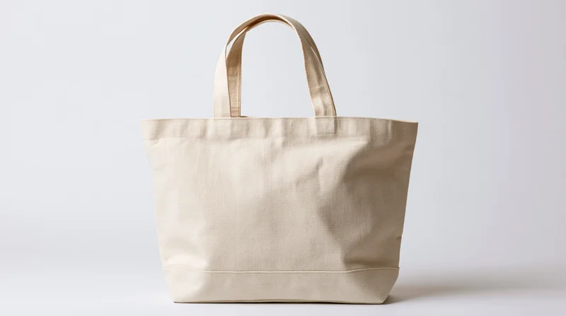 Cream canvas tote bag with flat handles centered on white background