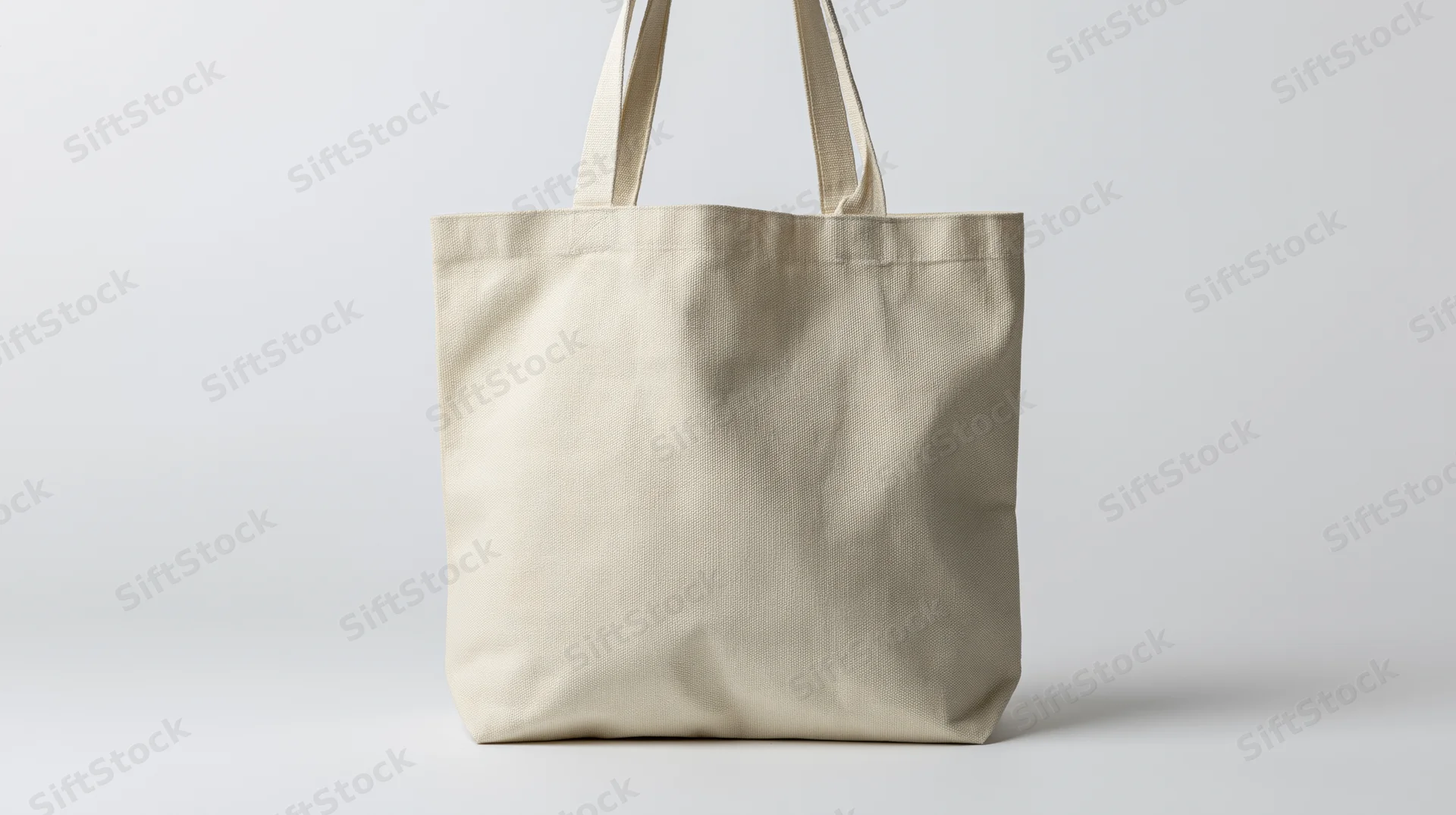 Plain natural canvas tote bag standing upright on white background