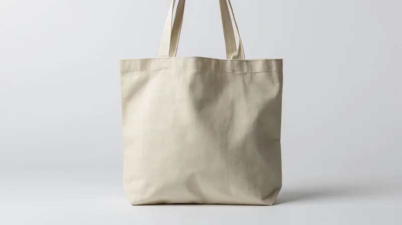 Plain natural canvas tote bag standing upright on white background