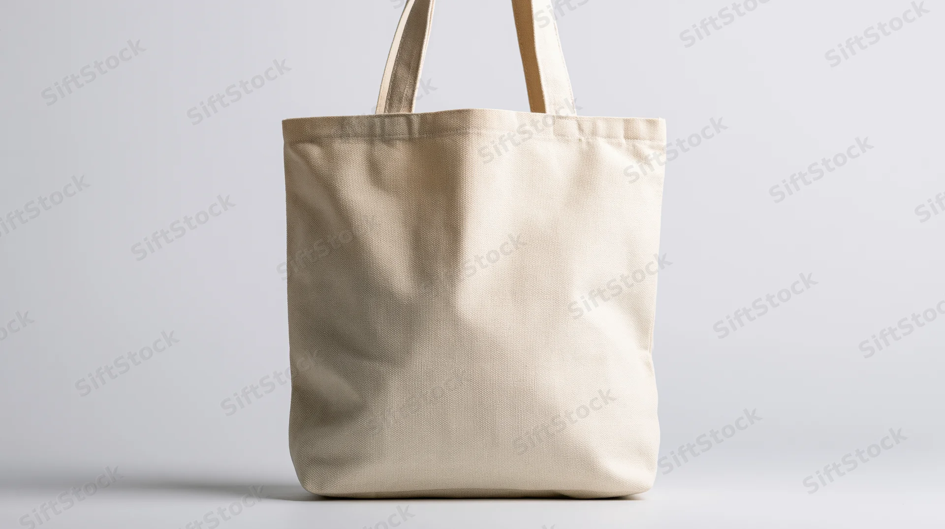 Plain natural canvas tote bag standing upright on white background