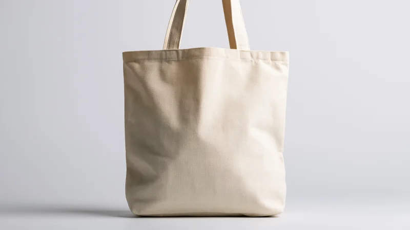 Plain natural canvas tote bag standing upright on white background